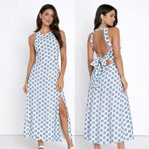 Lulus Flirty Fave Dress Women's M Ivory Blue Floral Midi Tie Back NWOT